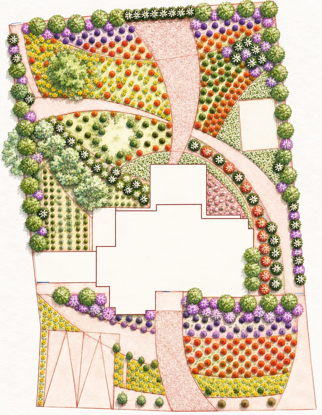 Diseño en acuarela del jardín sustentable de Chicureo, con senderos y macizos de flores y arbustos alrededor de la vivienda.