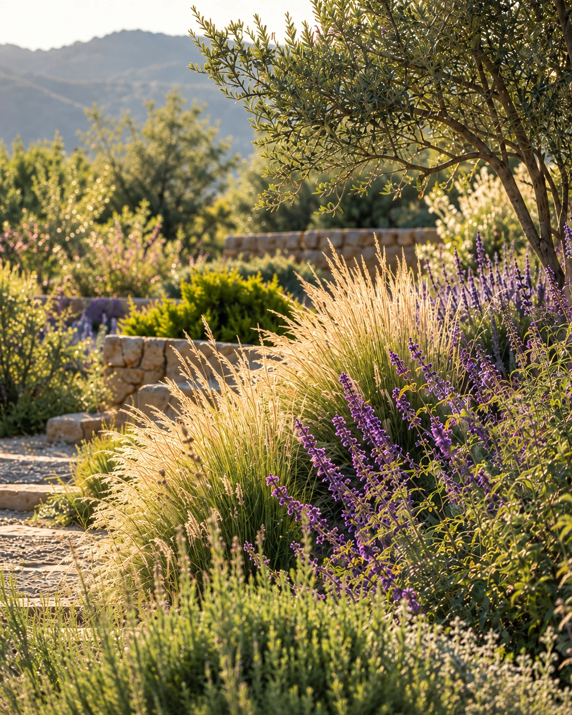 Inspiración de paisaje: gramíneas y flores violetas entre senderos de piedra, bajo la luz del sol.